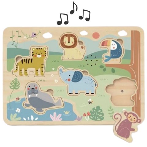 TOOKY TOY Drewniana Układanka Montessori Interaktywne Puzzle Dźwiękowe Dzikie Zwierzęta Safari