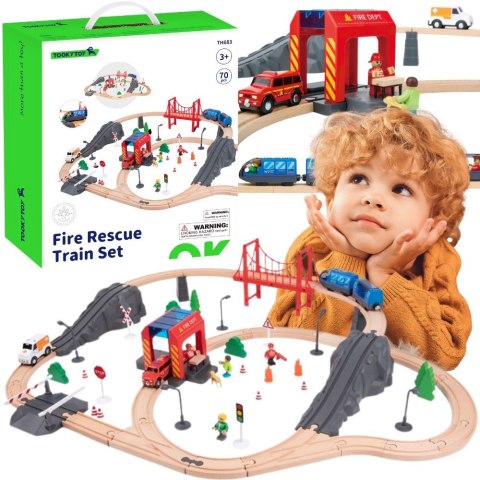 Tooky Toy Drewniana Kolejka Elektryczna Straż Pożarna Efekty Dźwiękowe 70 el. FSC