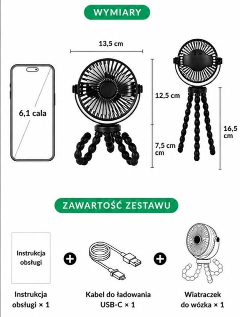 Bezprzewodowy wiatraczek 360° do wózka USB-C TB