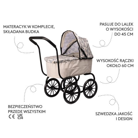 Wózek dla lalek w stylu retro, gondola, zabawa z lalkami, zabawka, Skrallan