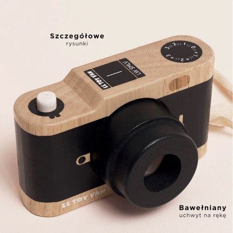 Drewniany aparat fotograficzny retro z kalejdoskopem, zabawka, Le Toy Van