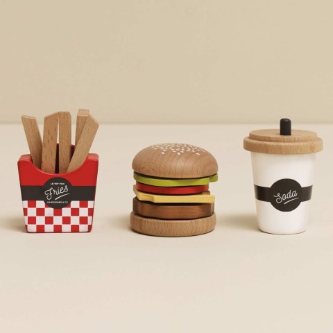 Drewniany zestaw 3w1 hamburger frytki napój, zabawka dla dzieci, Le Toy Van